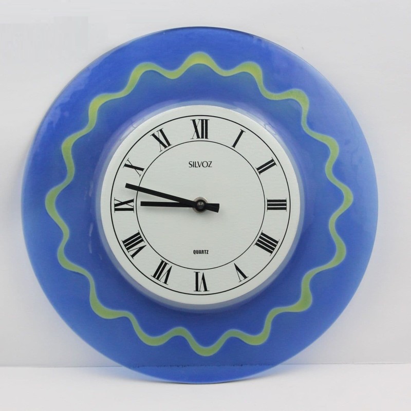 Pendule murale en verre motif vagues bleues 30 cm - Chiffres romains